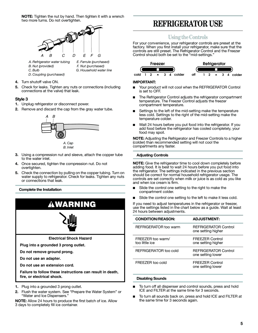 Amana W10316638A Refrigerator USE, Using theControls, Adjusting Controls, CONDITION/REASON Adjustment, Disabling Sounds 