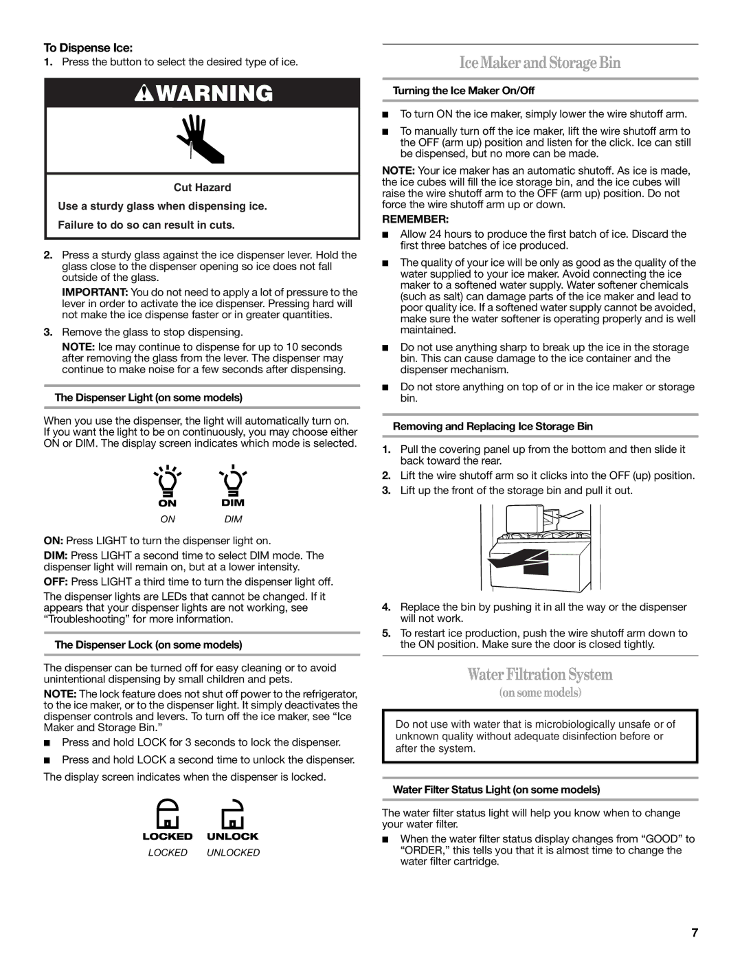 Amana W10316638A installation instructions Ice Maker and Storage Bin, Water Filtration System, To Dispense Ice, Remember 