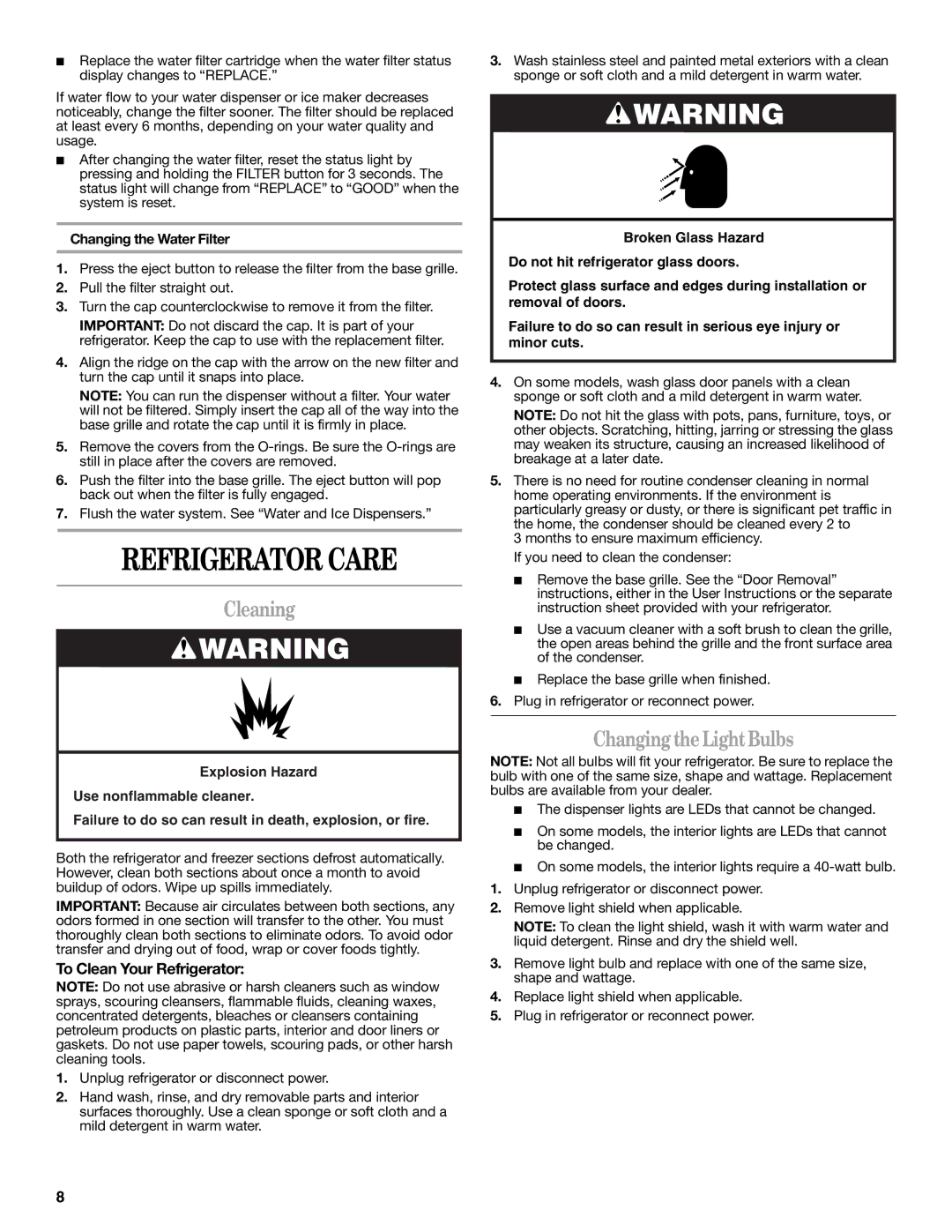 Amana W10316638A Refrigerator Care, Cleaning, Changing the Light Bulbs, To Clean Your Refrigerator 