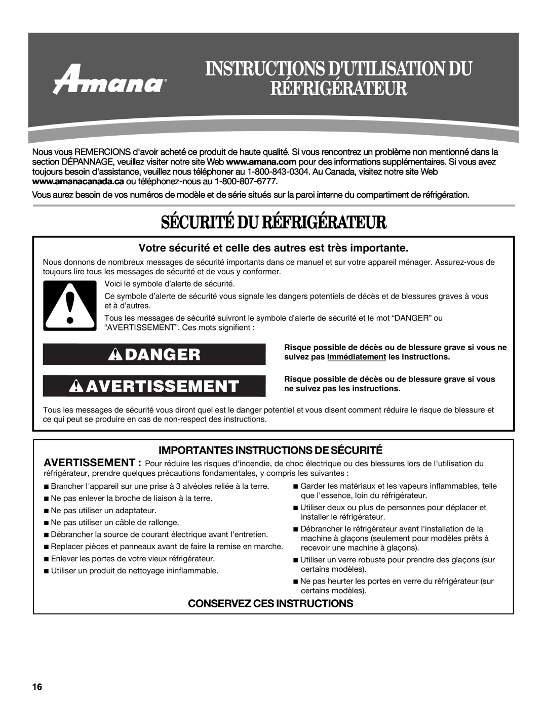 Amana W10316638A Sécurité Du Réfrigérateur, Danger Avertissement, Importantes Instructions De Sécurité 