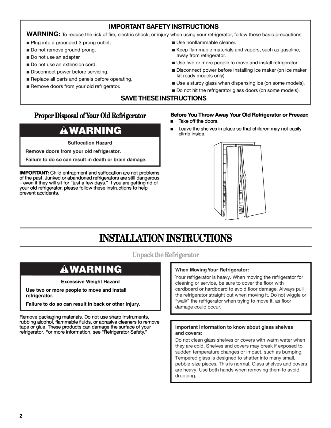 Amana W10316638A Installation Instructions, Unpack the Refrigerator, Important Safety Instructions, Suffocation Hazard 