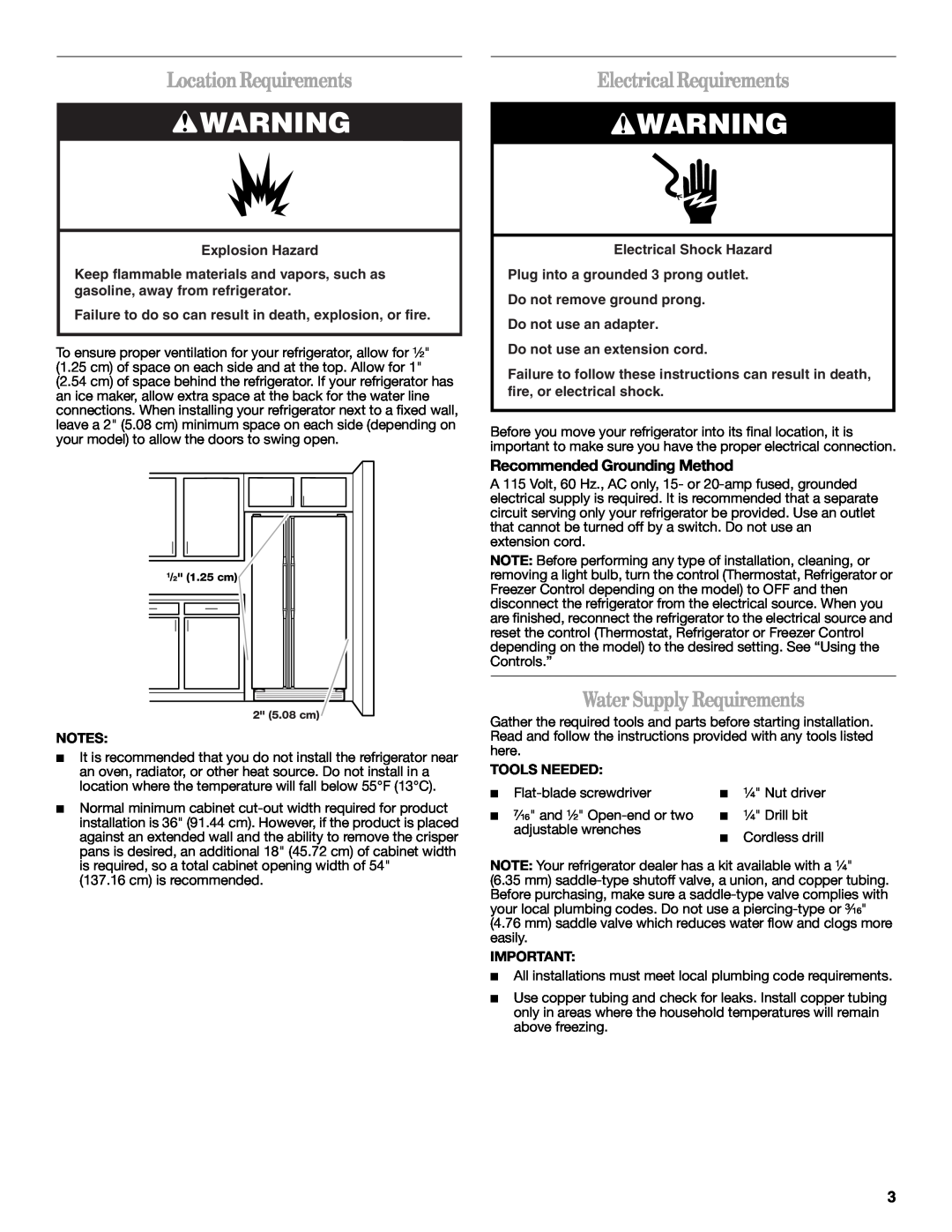 Amana W10316638A LocationRequirements, Electrical Requirements, Water Supply Requirements, Explosion Hazard 