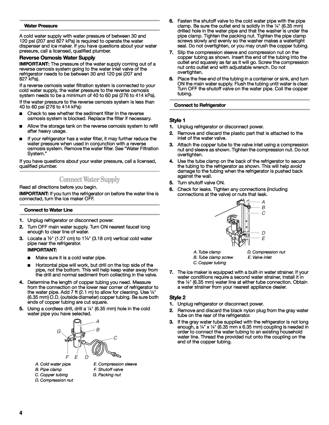 Amana W10316638A installation instructions Connect Water Supply, Reverse Osmosis Water Supply, Style 