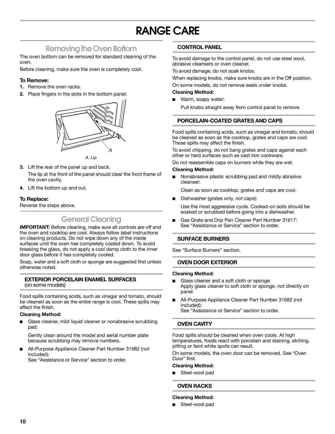 Amana W10320693A manual Range Care, Removing the Oven Bottom, General Cleaning 