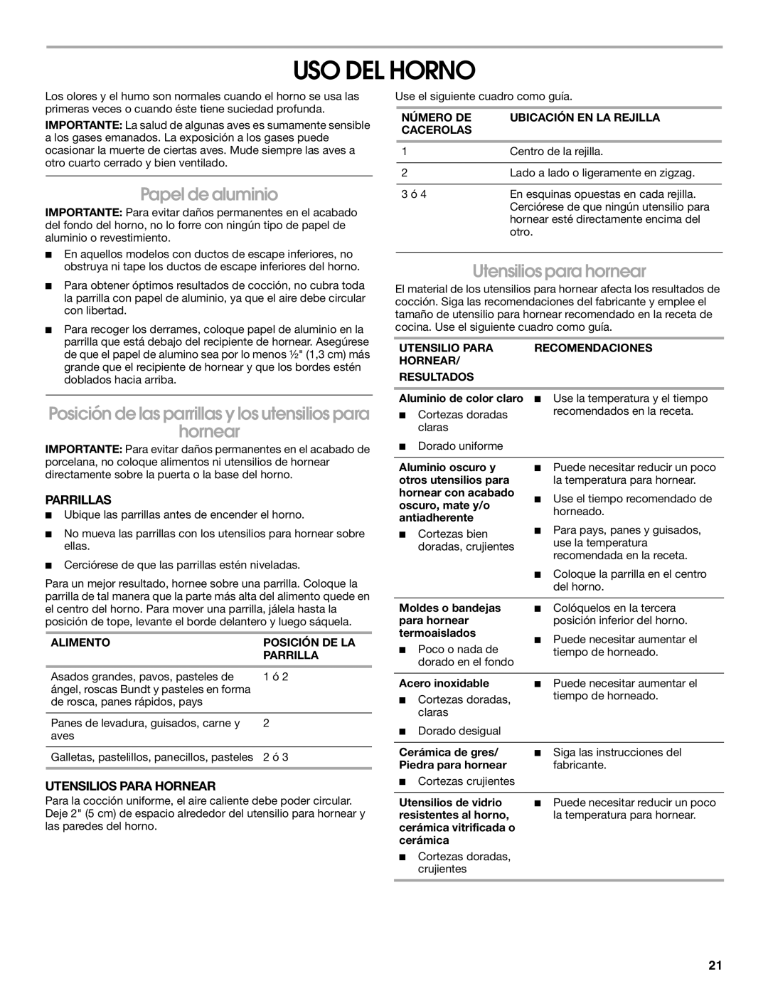 Amana W10320693A manual USO DEL Horno, Papel de aluminio, Hornear, Utensilios para hornear 