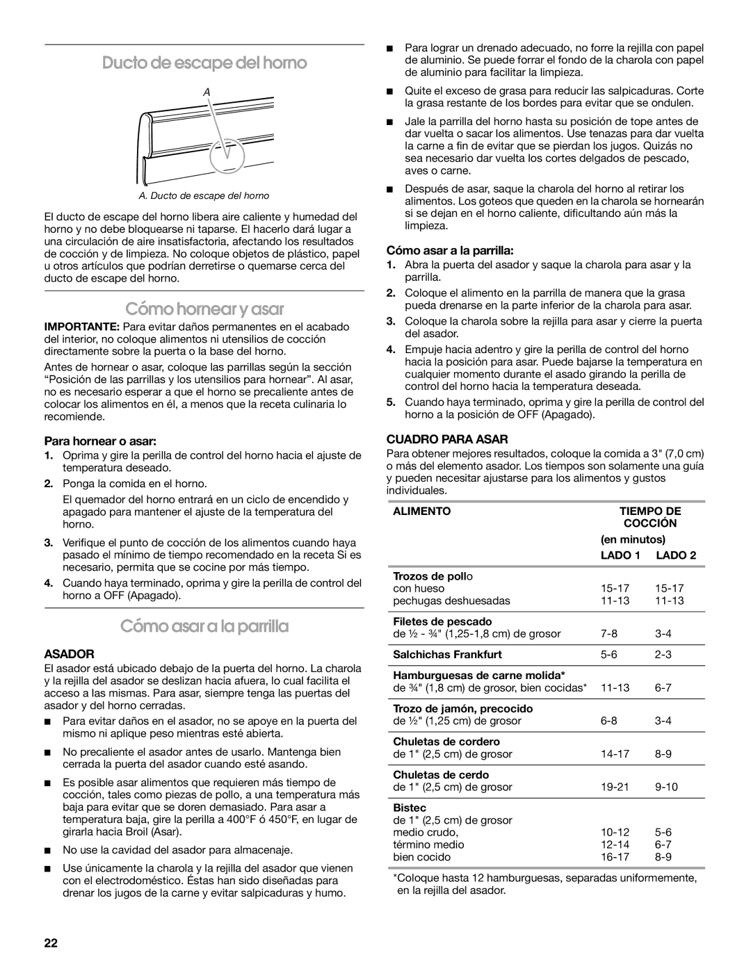 Amana W10320693A manual Ducto de escape del horno, Cómo hornear y asar, Cómo asar a la parrilla, Asador, Cuadro Para Asar 