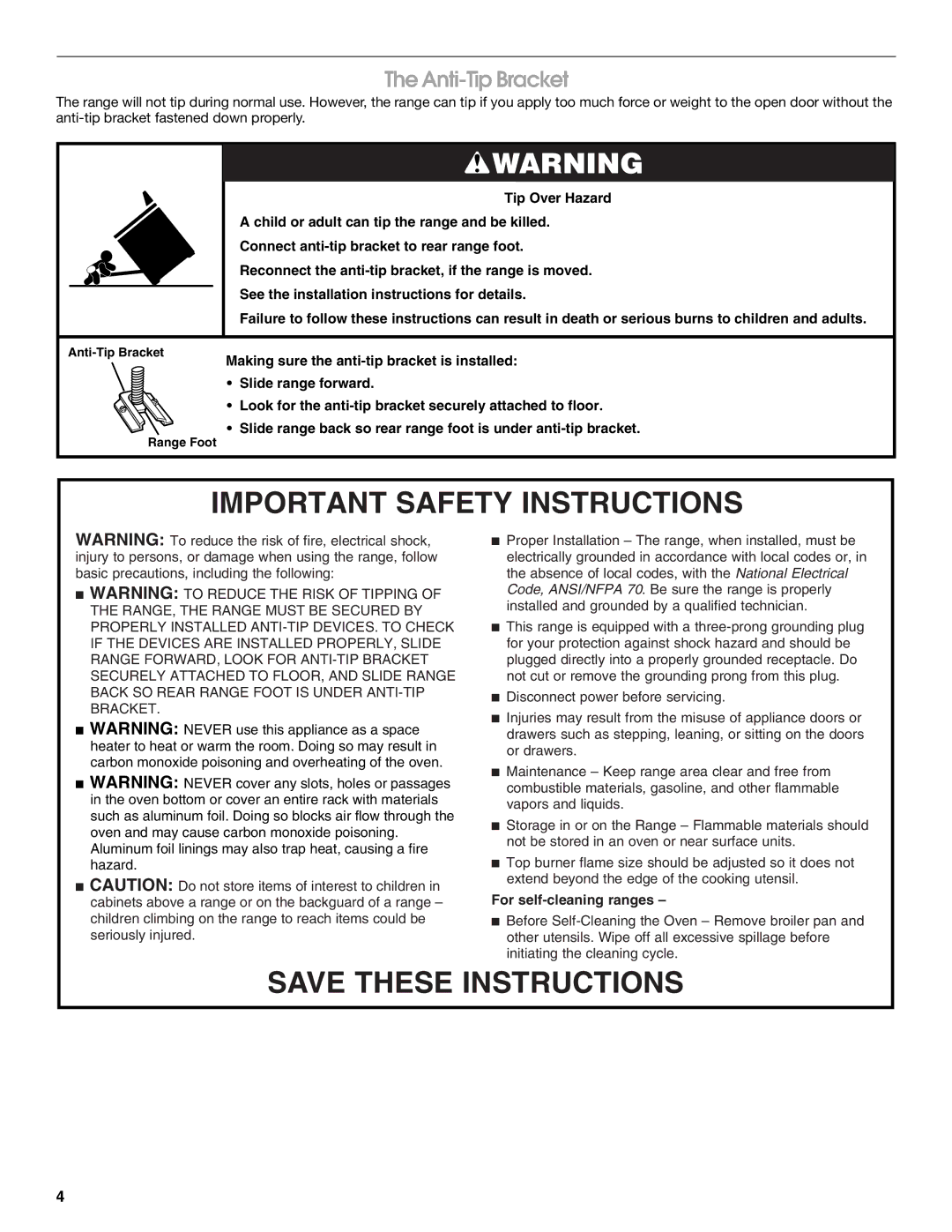 Amana W10320693A manual Important Safety Instructions, Anti-Tip Bracket 