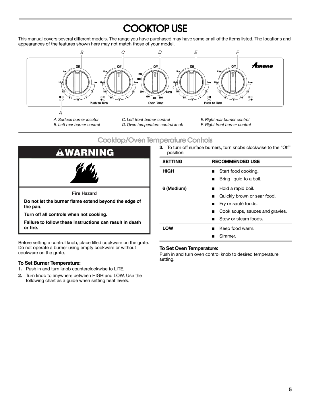 Amana W10320693A manual Cooktop USE, Cooktop/Oven Temperature Controls, To Set Burner Temperature, To Set Oven Temperature 