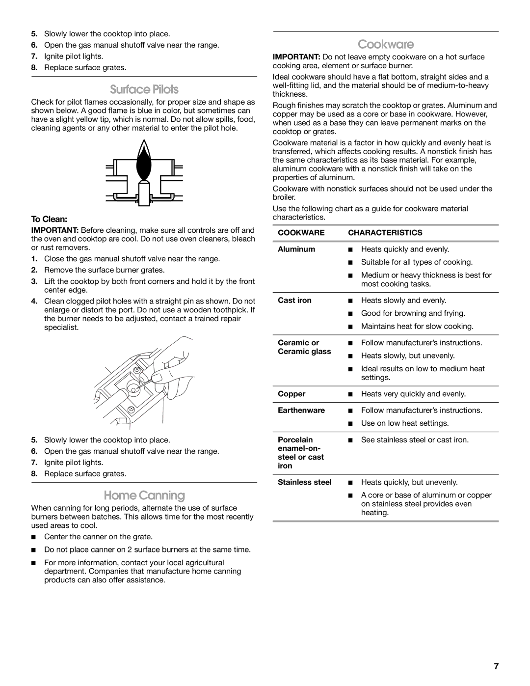 Amana W10320693A manual Surface Pilots, Home Canning, Cookware Characteristics 