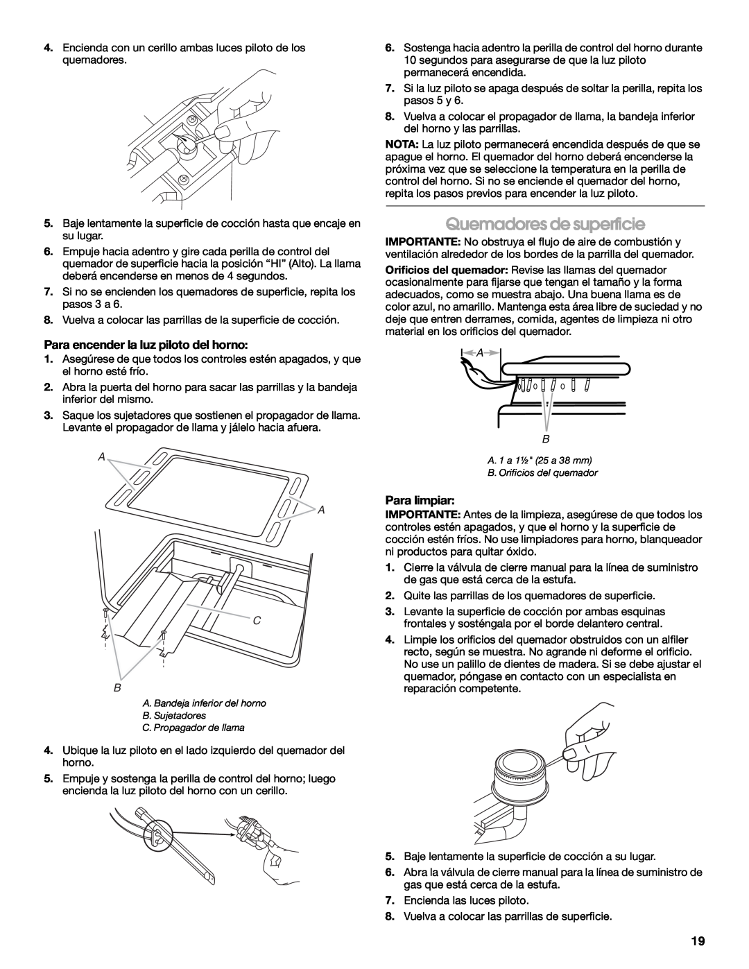 Amana W10320693A manual Quemadores de superficie, Para encender la luz piloto del horno, Para limpiar, A A C B 