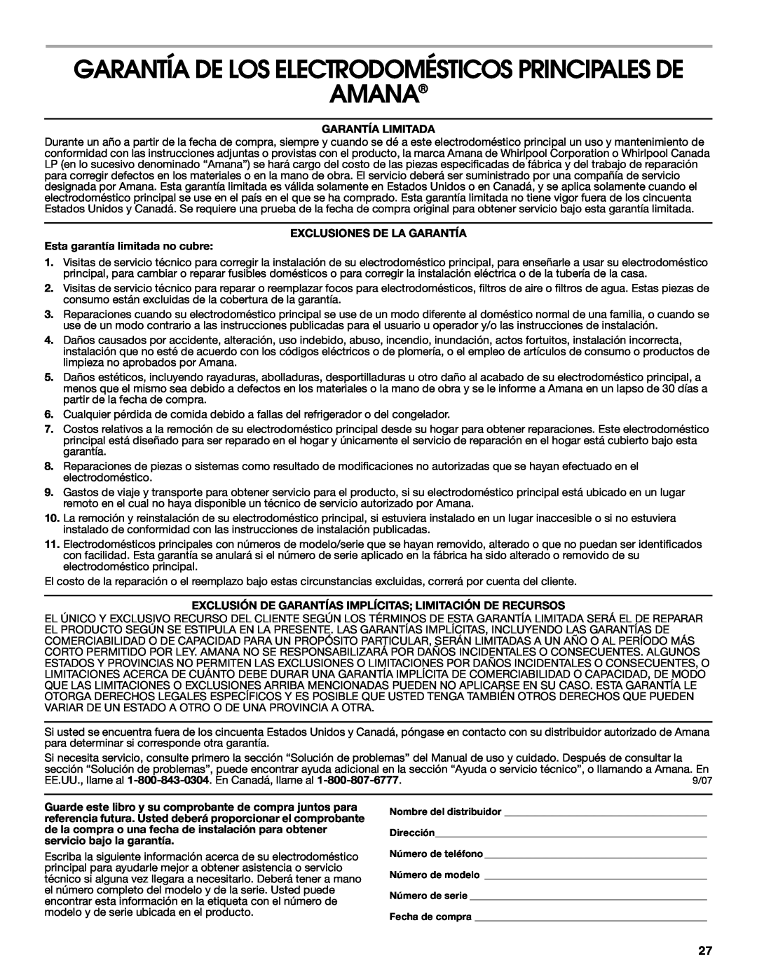 Amana W10320693A manual Amana, Garantía De Los Electrodomésticos Principales De 