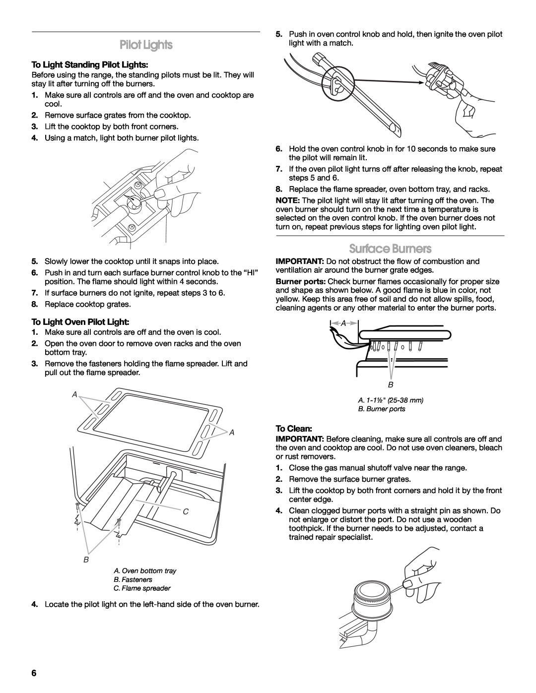 Amana W10320693A manual Surface Burners, To Light Standing Pilot Lights, To Light Oven Pilot Light, To Clean, A A C B 
