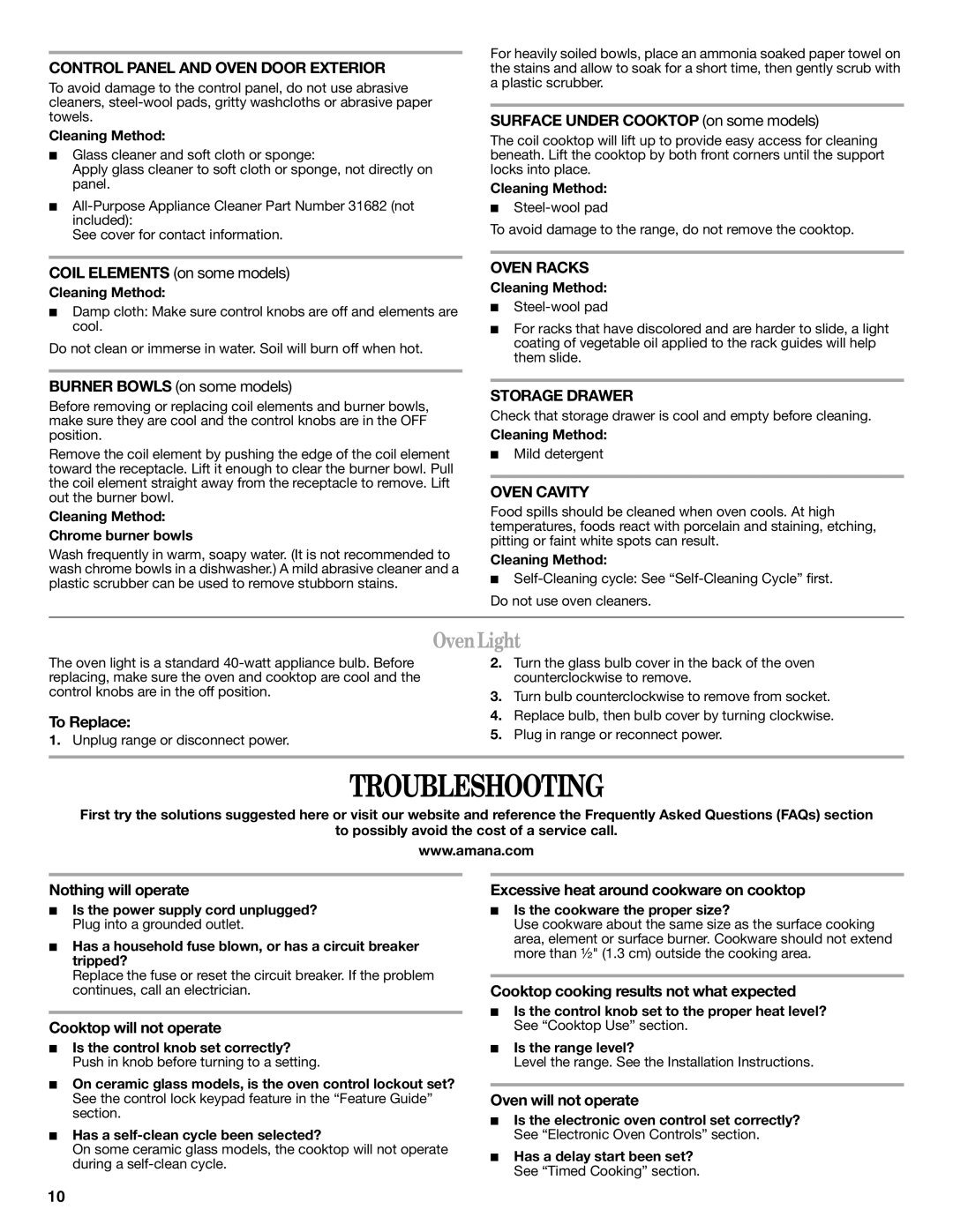 Amana W103209878 warranty Troubleshooting, OvenLight 