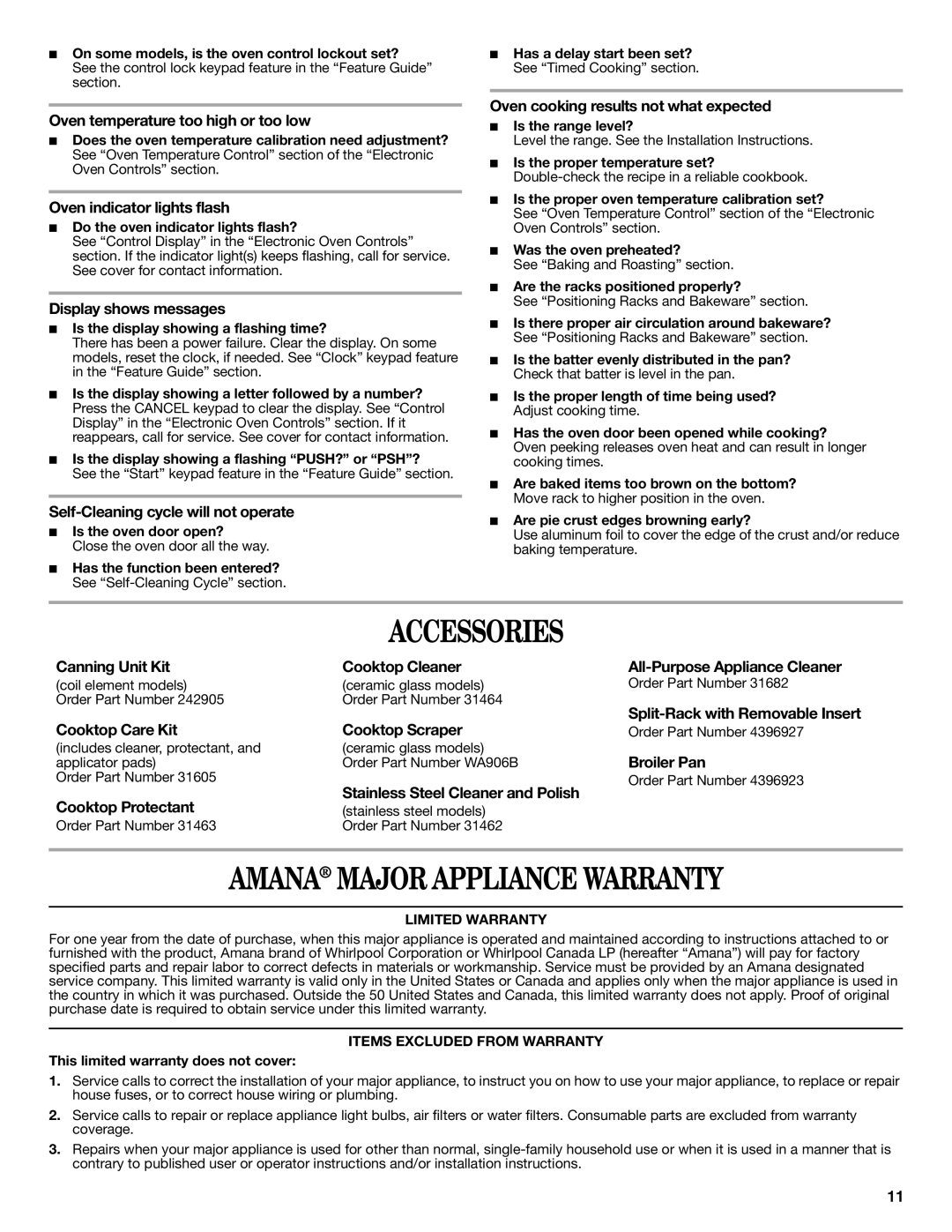 Amana W103209878 warranty Accessories, Amana Major Appliance Warranty 