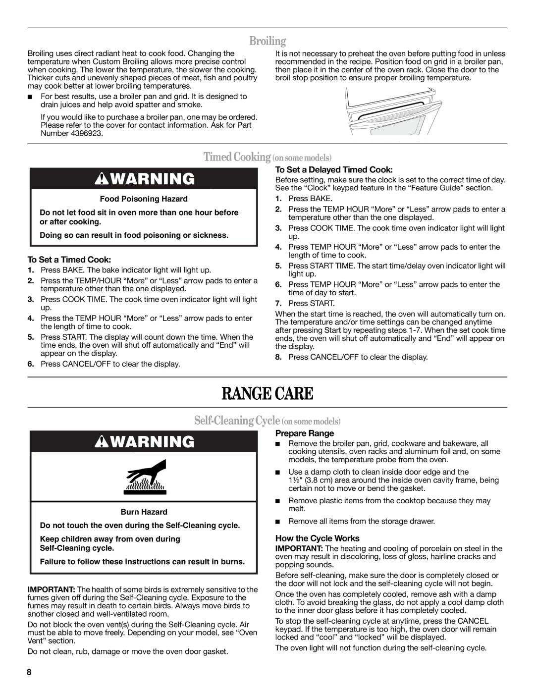 Amana W103209878 warranty Range Care, Broiling, Self-CleaningCycleonsomemodels 