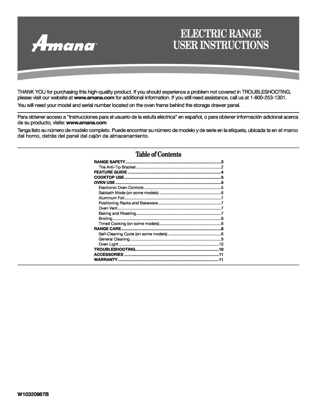Amana W103209878 warranty W10320987B, Electric Range User Instructions, Table of Contents 