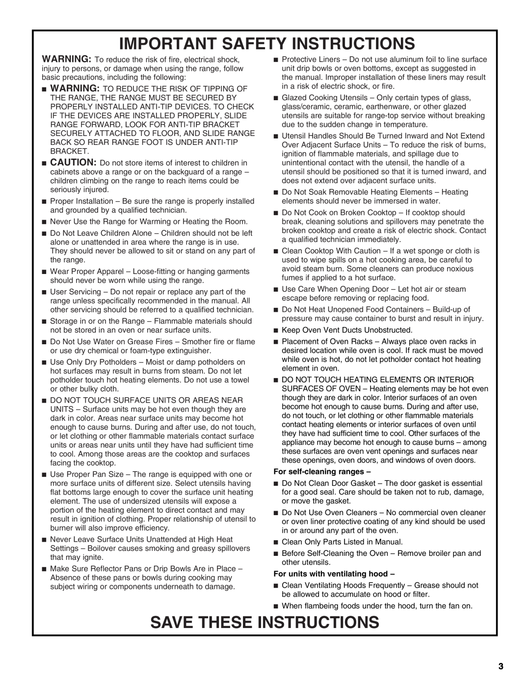 Amana W103209878 warranty Important Safety Instructions, Save These Instructions, For self-cleaningranges 