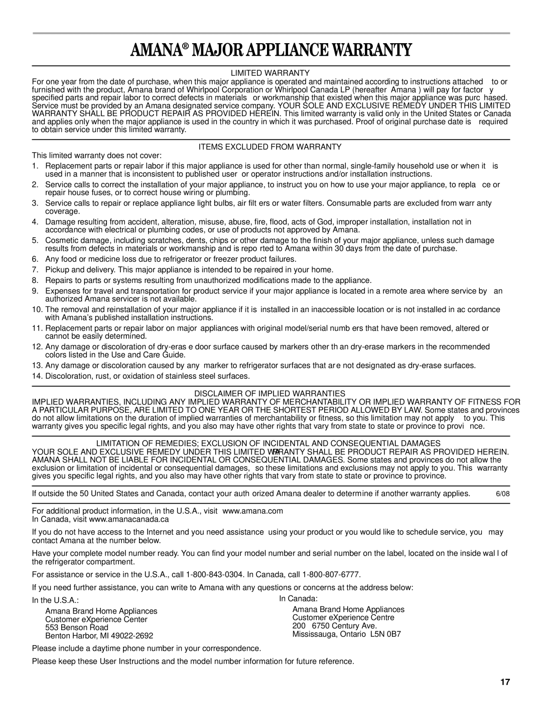 Amana W10321484A installation instructions Amana Major Appliance Warranty, Limited Warranty, Items Excluded from Warranty 