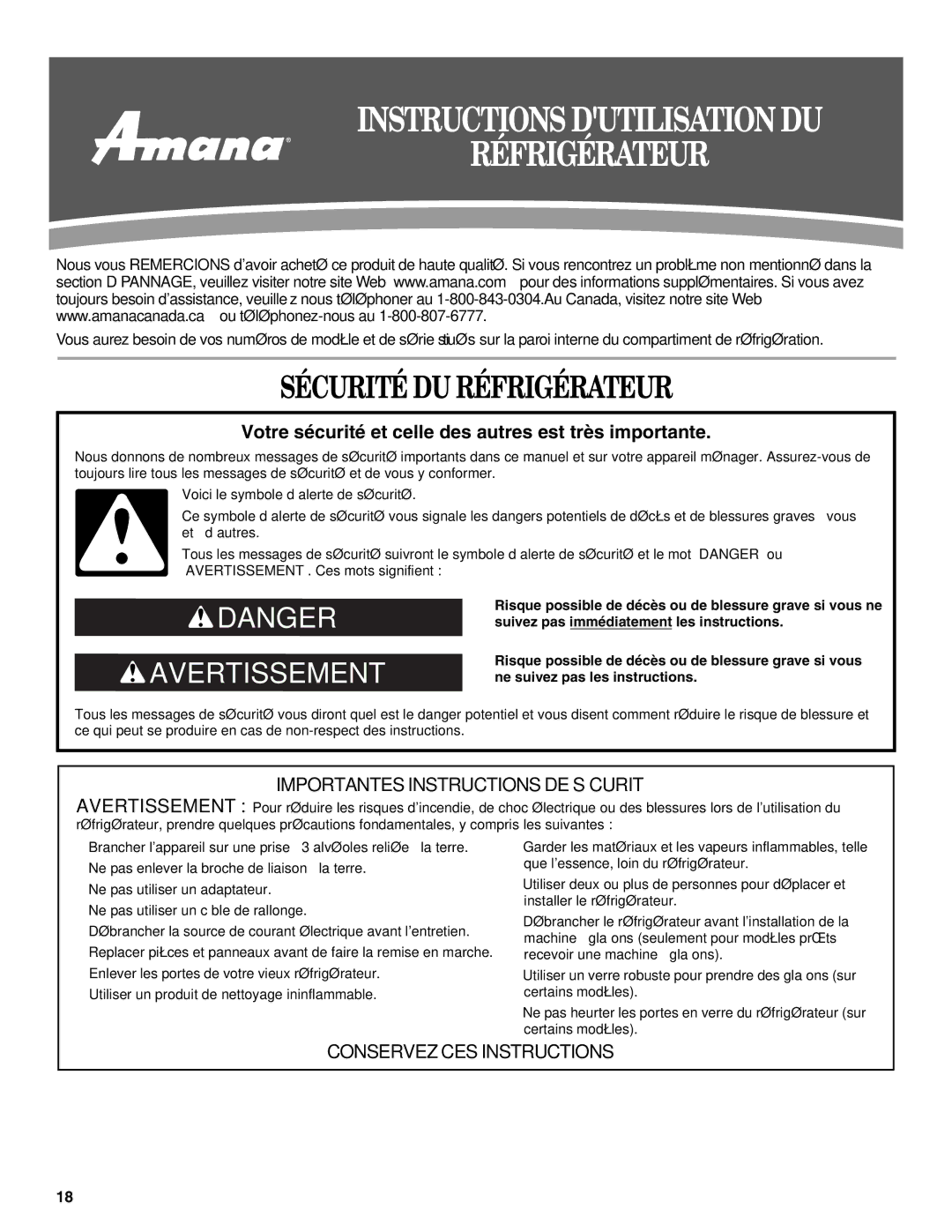 Amana W10321484A installation instructions Instructions Dutilisation DU Réfrigérateur, Sécurité DU Réfrigérateur 