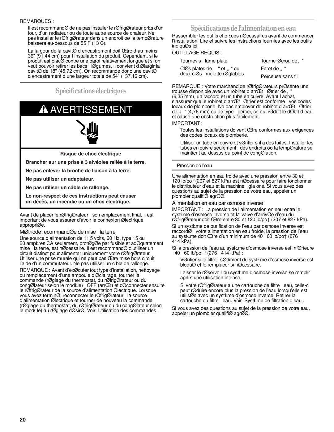 Amana W10321484A Spécificationsélectriques, Spécifications del’alimentationen eau, Méthode recommandée de mise à la terre 