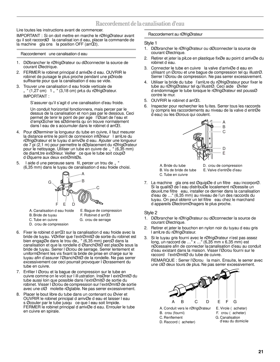 Amana W10321484A installation instructions Raccordement de la canalisation deau, Raccordement à une canalisation d’eau 