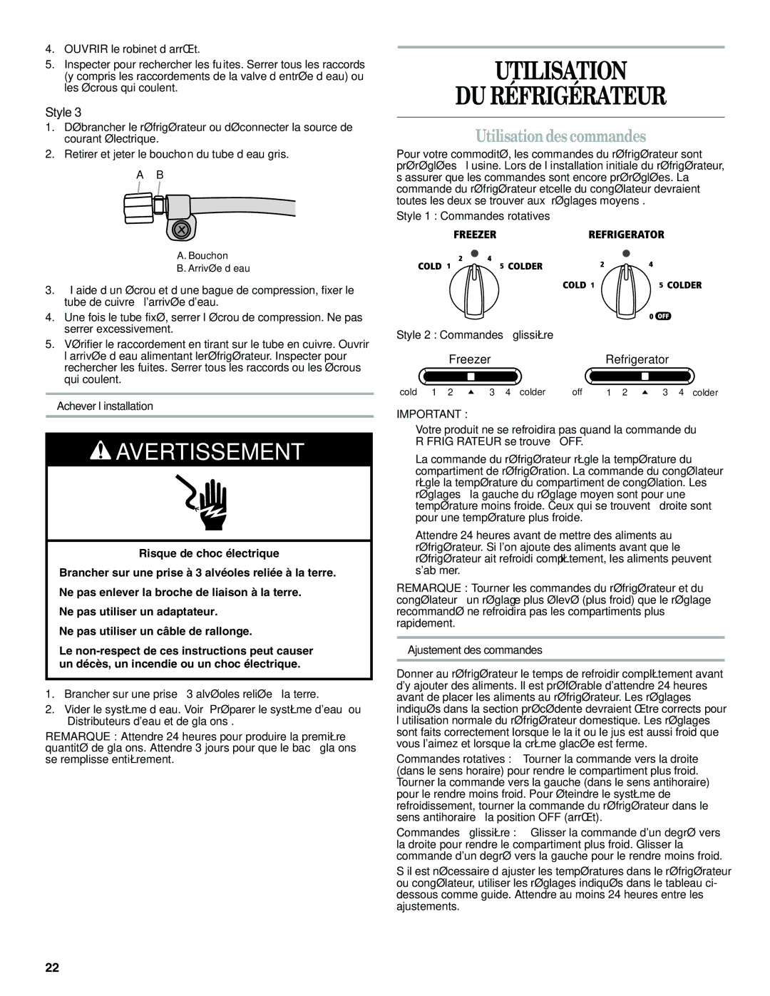 Amana W10321484A Utilisation DU Réfrigérateur, Utilisation des commandes, Achever l’installation, Ajustement des commandes 