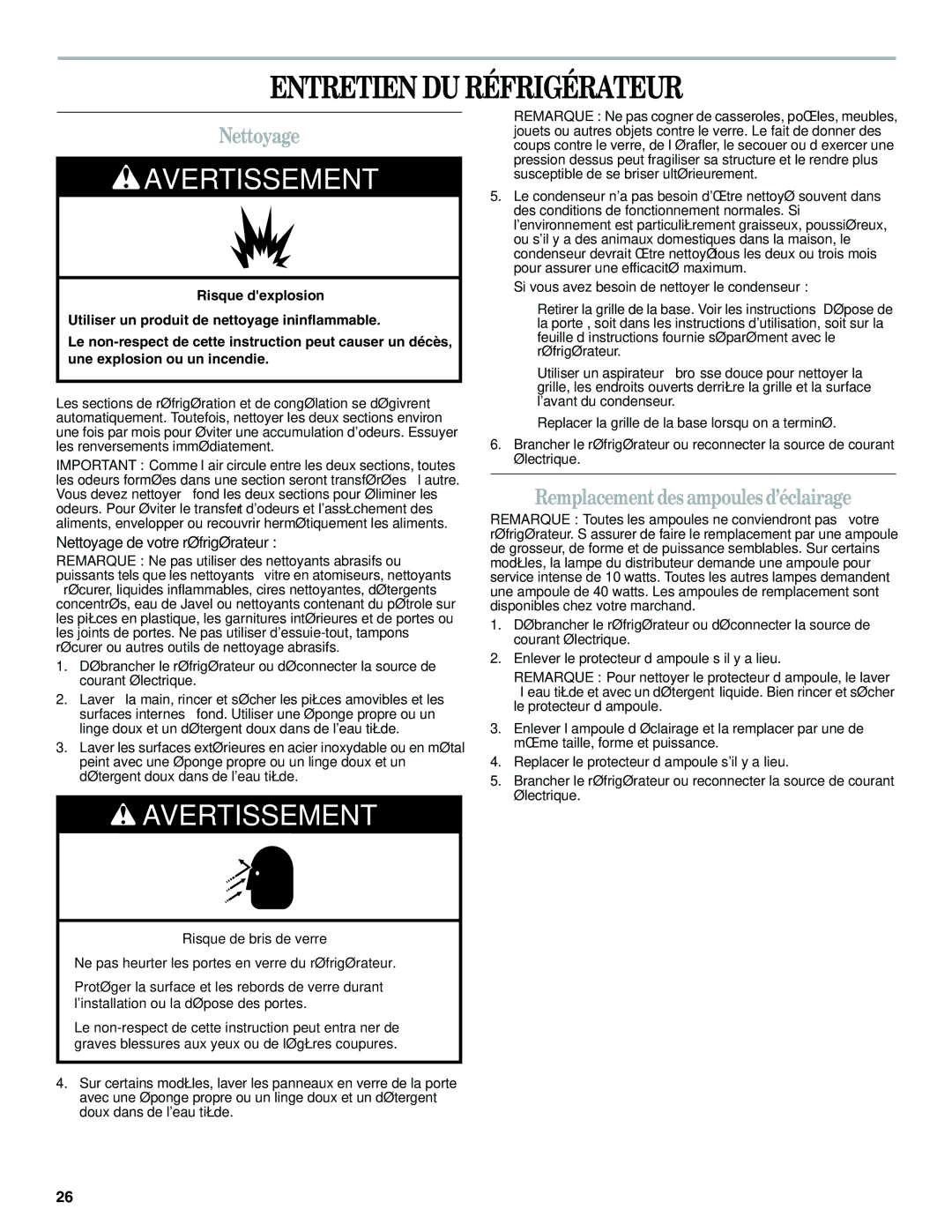 Amana W10321484A installation instructions Entretien DU Réfrigérateur, Nettoyage, Remplacement des ampoules d’éclairage 