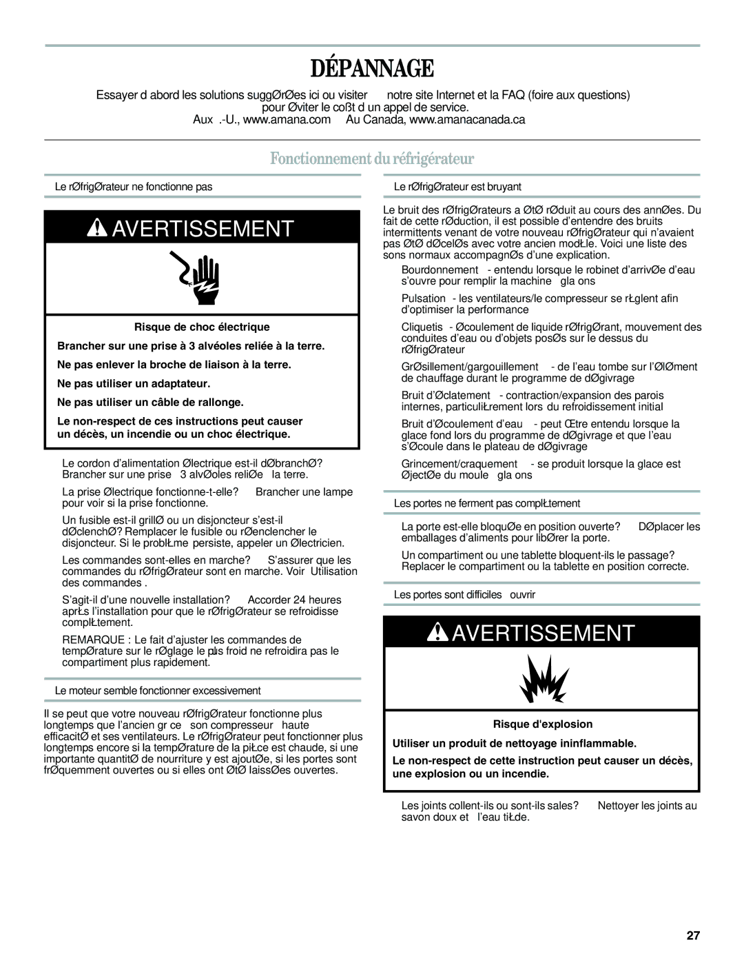 Amana W10321484A installation instructions Dépannage, Fonctionnement du réfrigérateur, Le réfrigérateur ne fonctionne pas 