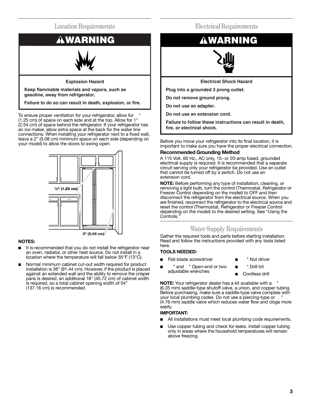 Amana W10321484A LocationRequirements, Electrical Requirements, Water Supply Requirements, Recommended Grounding Method 