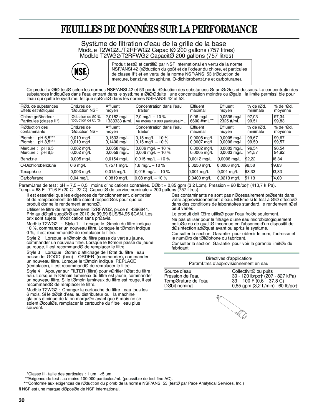 Amana W10321484A Feuilles DE Données SUR LA Performance, Système de filtration deau de la grille de la base 