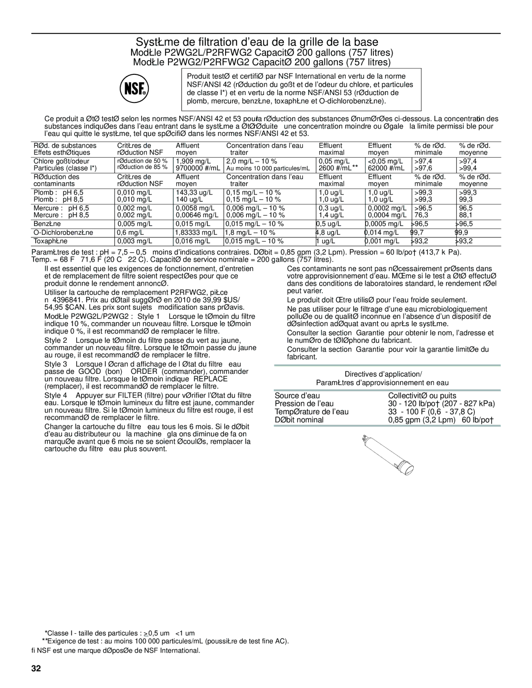 Amana W10321484A installation instructions 909 mg/L Mg/L ± 10 % 05 mg/L 97,4 Particules classe 