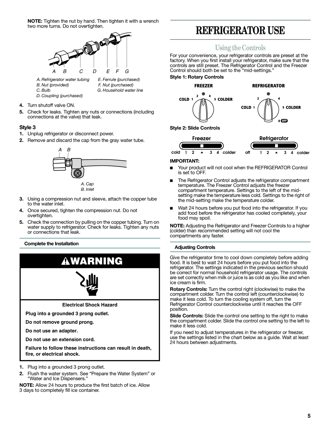 Amana W10321484A Refrigerator USE, Using theControls, Style 1 Rotary Controls Style 2 Slide Controls, Adjusting Controls 