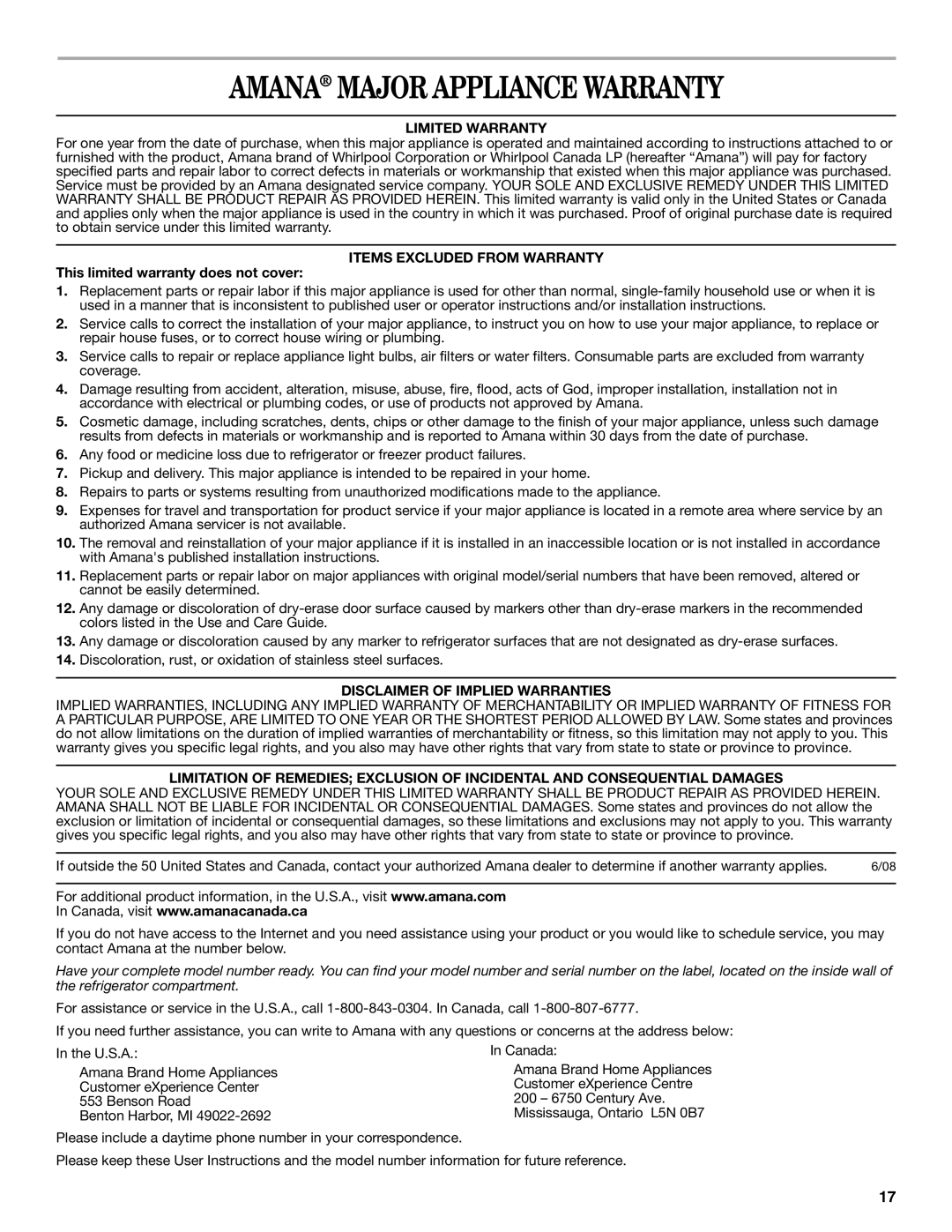 Amana W10321485A installation instructions Amana Major Appliance Warranty, Limited Warranty, Items Excluded from Warranty 