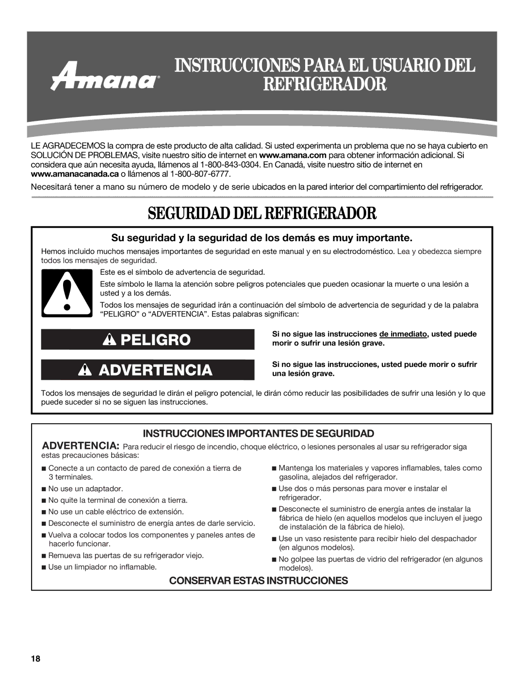 Amana W10321485A installation instructions Seguridad DEL Refrigerador 