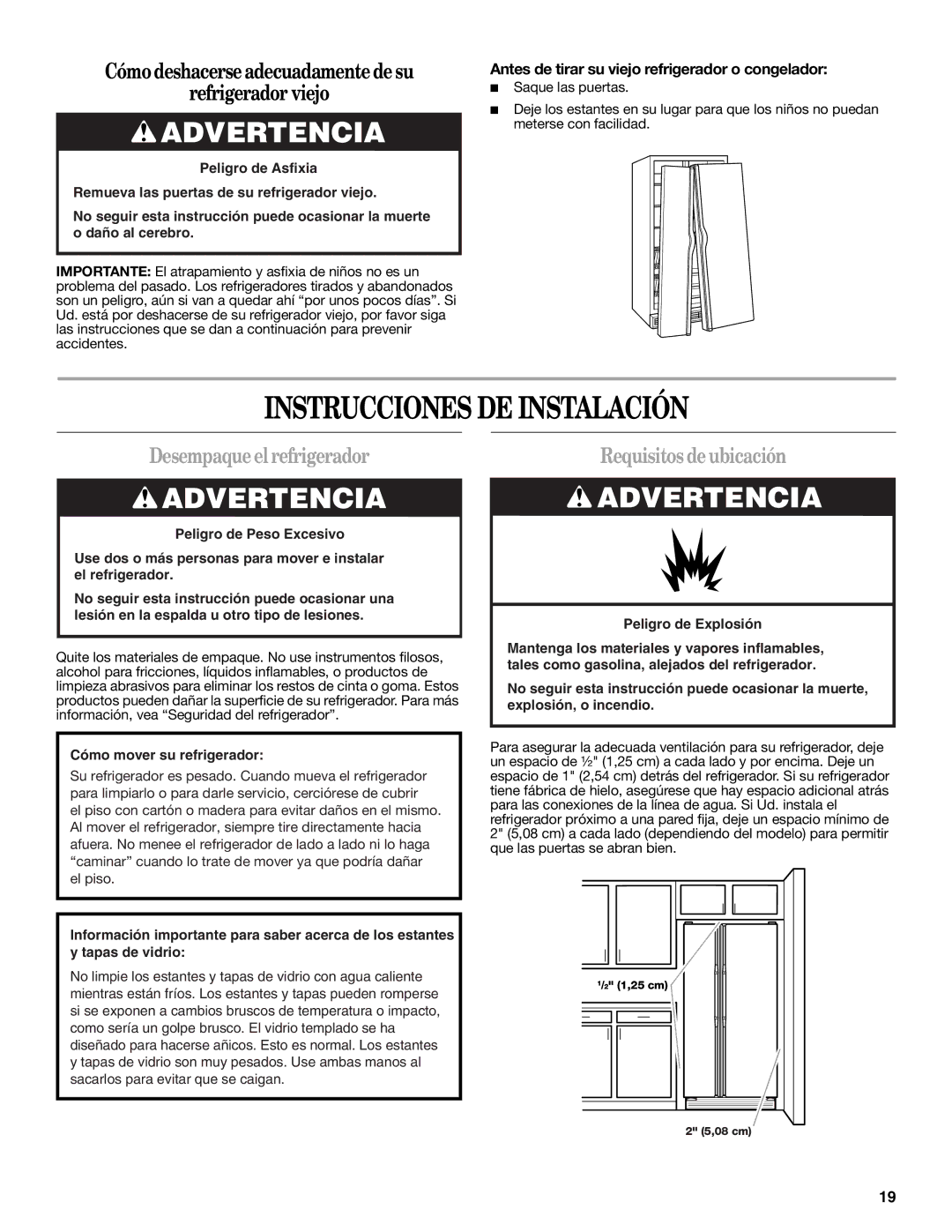 Amana W10321485A Instrucciones DE Instalación, Desempaque el refrigerador, Requisitos de ubicación 