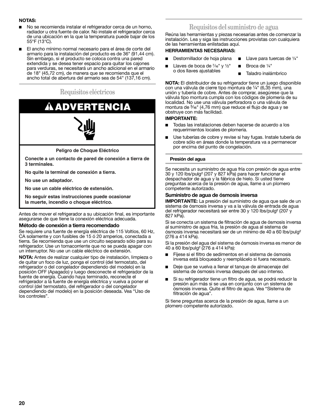 Amana W10321485A Requisitos eléctricos, Requisitos del suministro de agua, Método de conexión a tierra recomendado 