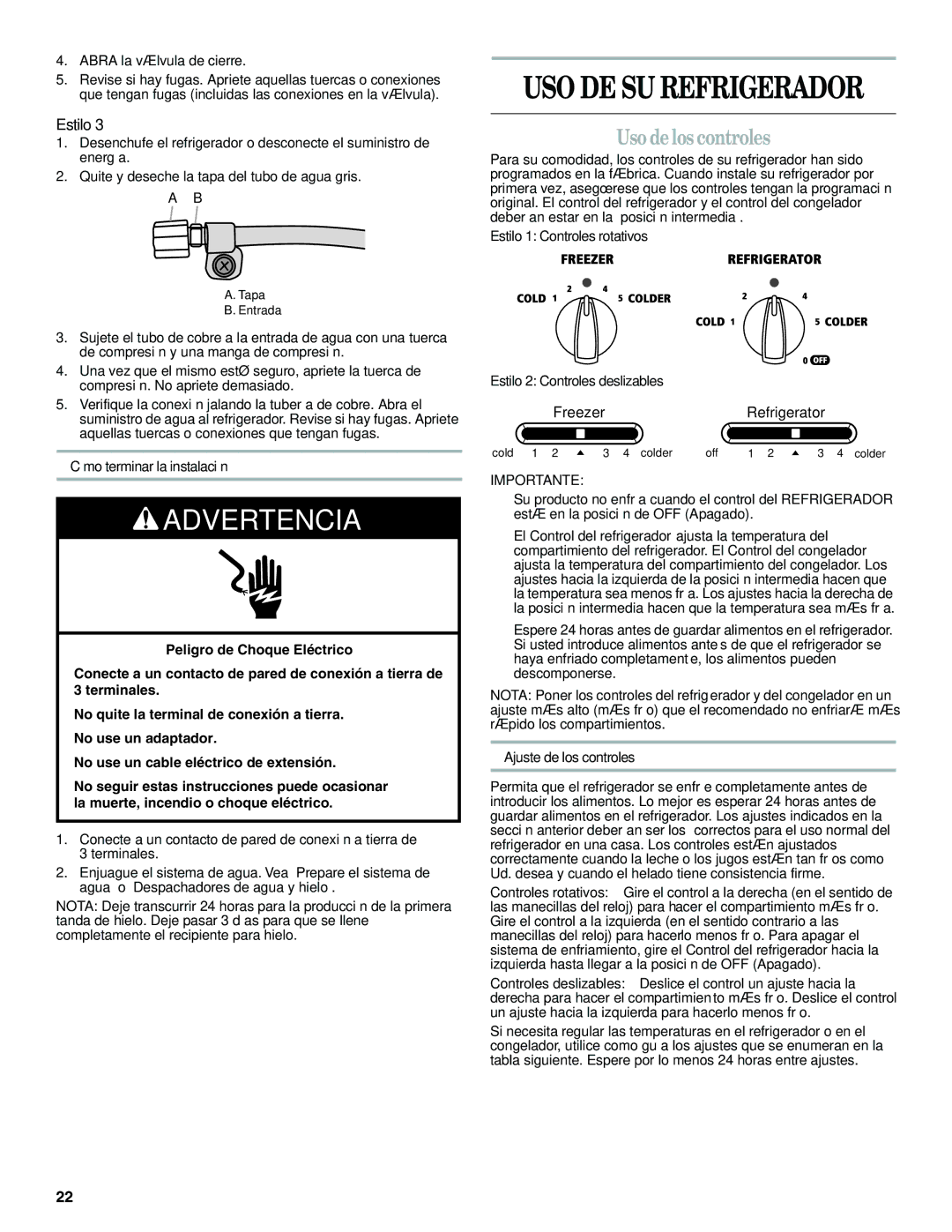 Amana W10321485A Uso de los controles, Cómo terminar la instalación, Estilo 1 Controles rotativos, Ajuste de los controles 