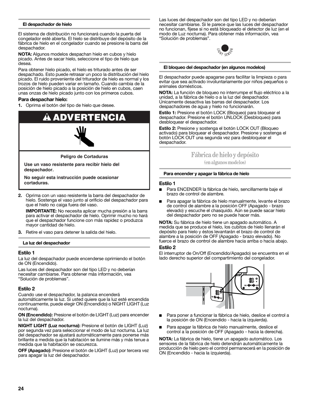 Amana W10321485A installation instructions Fábrica dehielo y depósito, Para despachar hielo 