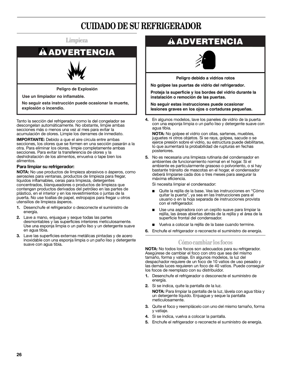 Amana W10321485A Cuidado DE SU Refrigerador, Limpieza, Cómo cambiar los focos, Para limpiar su refrigerador 