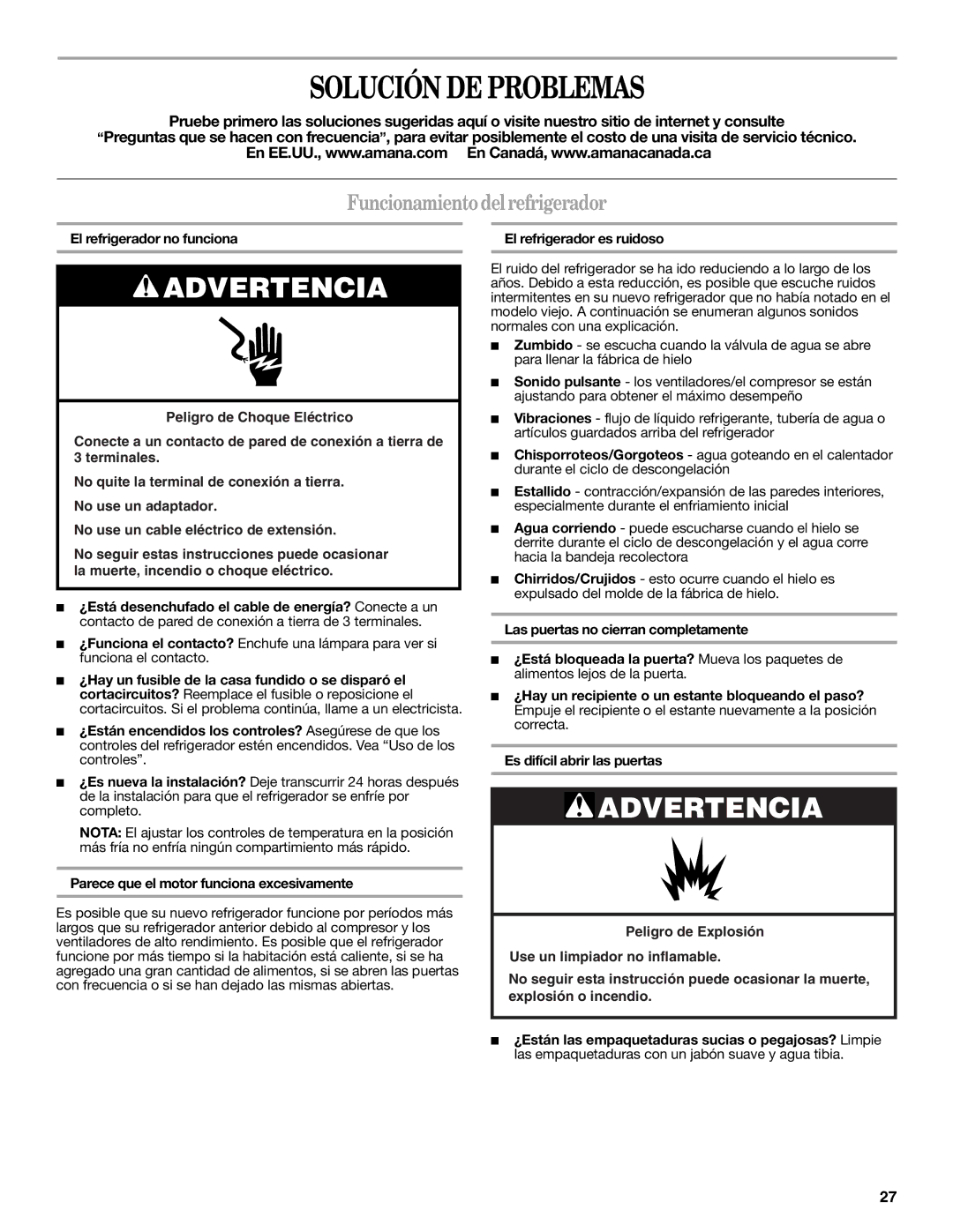 Amana W10321485A Solución DE Problemas, Funcionamiento delrefrigerador, El refrigerador no funciona 