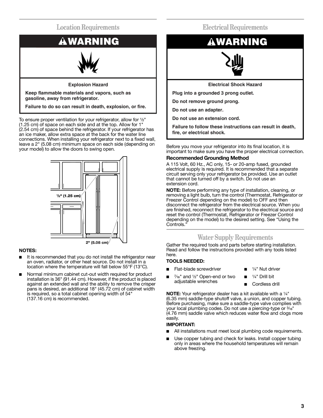 Amana W10321485A LocationRequirements, Electrical Requirements, Water Supply Requirements, Recommended Grounding Method 