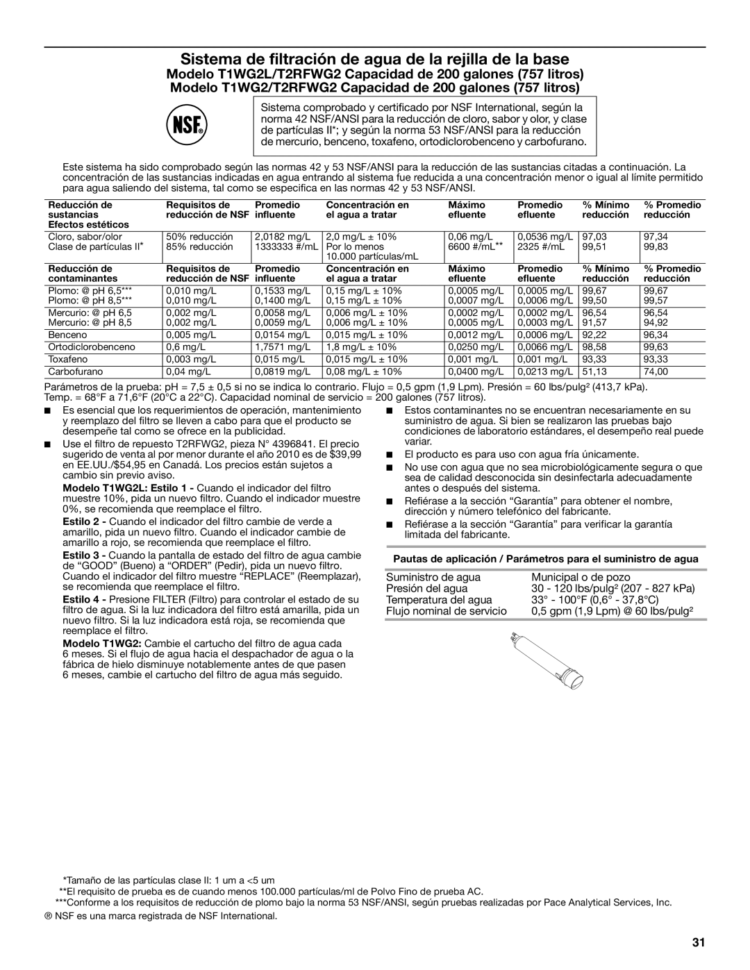 Amana W10321485A installation instructions Sistema de filtración de agua de la rejilla de la base 