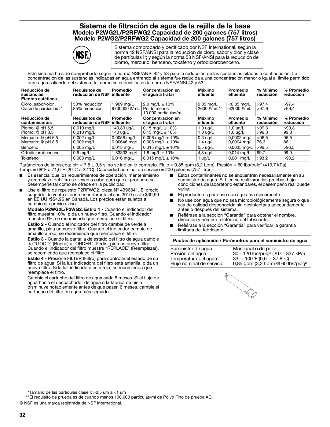 Amana W10321485A installation instructions Sistema de filtración de agua de la rejilla de la base 