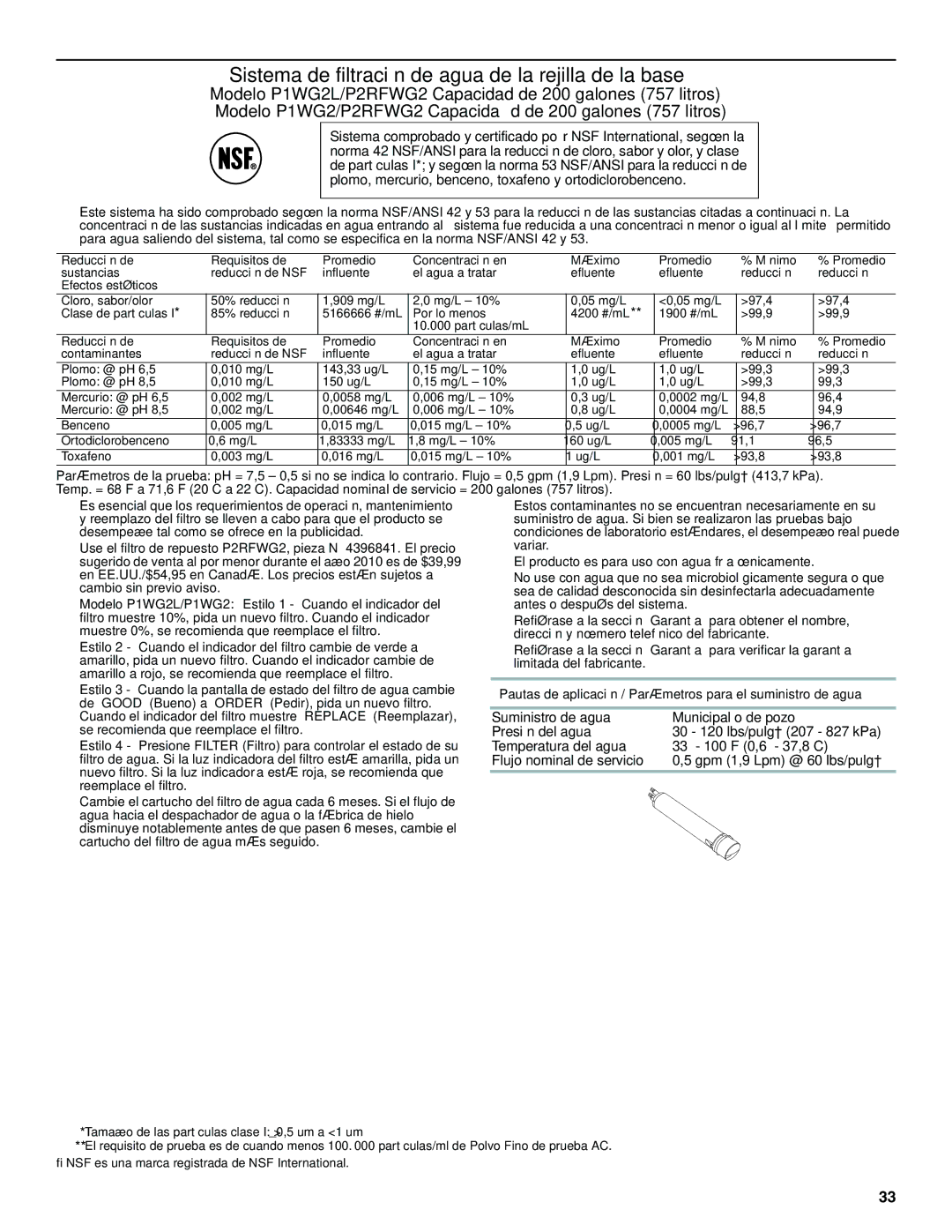 Amana W10321485A installation instructions Sistema de filtración de agua de la rejilla de la base 