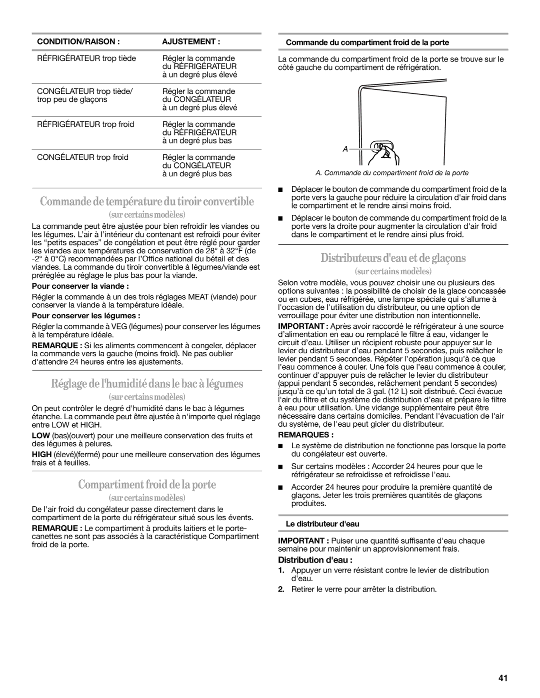 Amana W10321485A Compartiment froid de la porte, Distributeurs deauet de glaçons, Distribution deau 