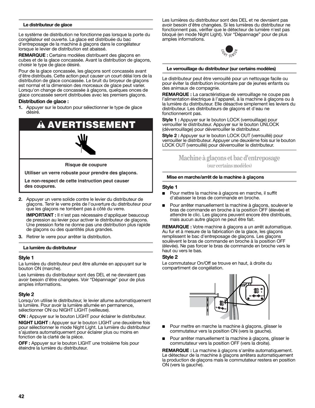 Amana W10321485A installation instructions Machineà glaçons et bac dentreposage, Distribution de glace 