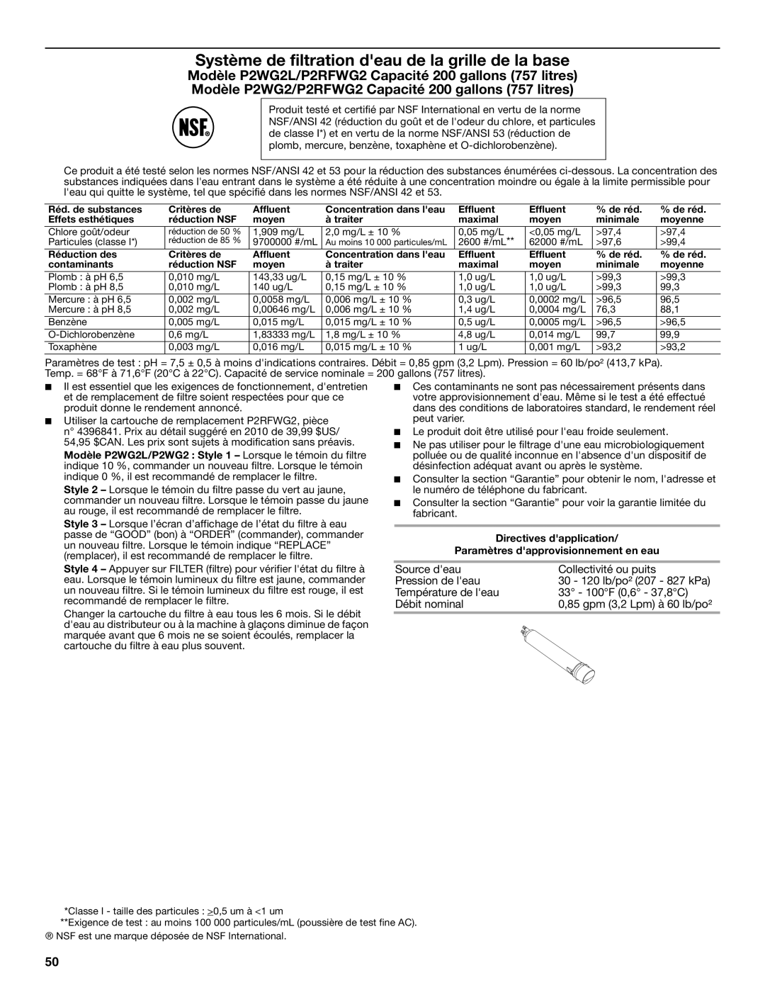 Amana W10321485A installation instructions 909 mg/L Mg/L ± 10 % 05 mg/L 97,4 Particules classe 