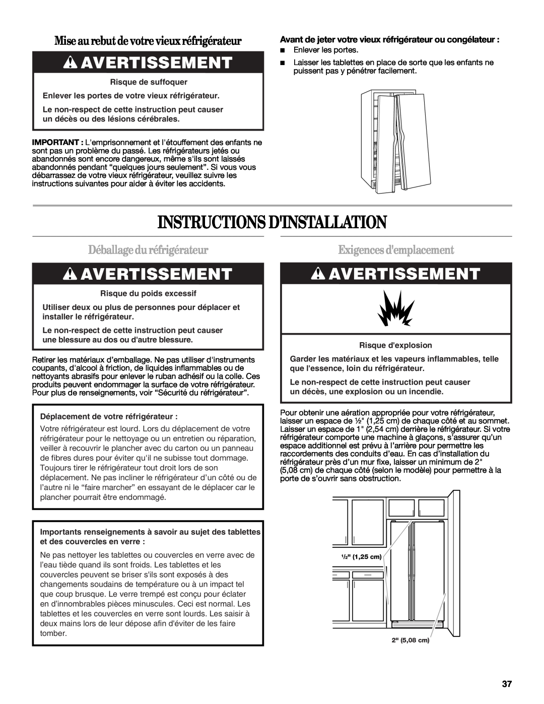 Amana W10321485A Instructions Dinstallation, Avertissement, Mise au rebutde votre vieux réfrigérateur, Risque dexplosion 