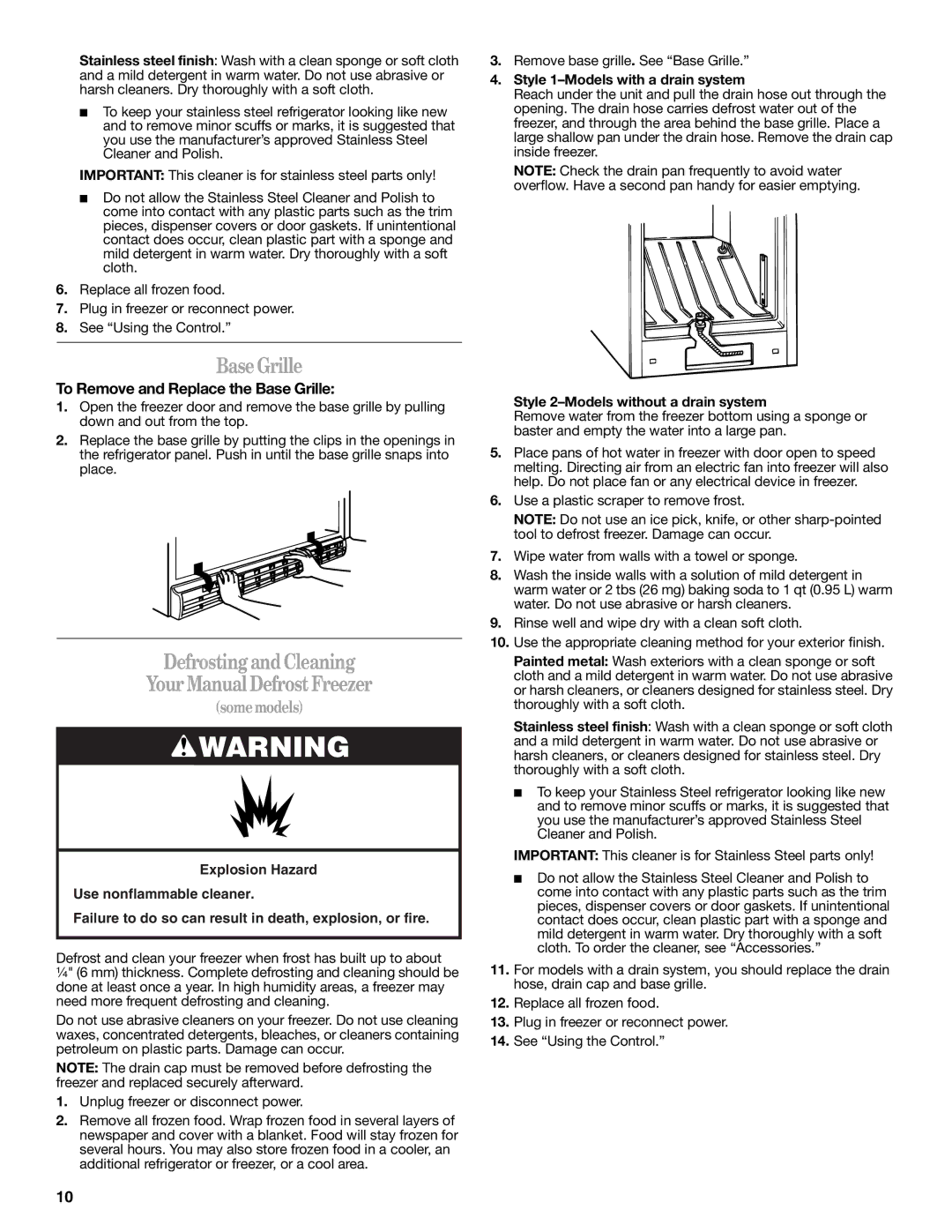 Amana W10326797A manual Defrosting and Cleaning Your Manual Defrost Freezer, To Remove and Replace the Base Grille 