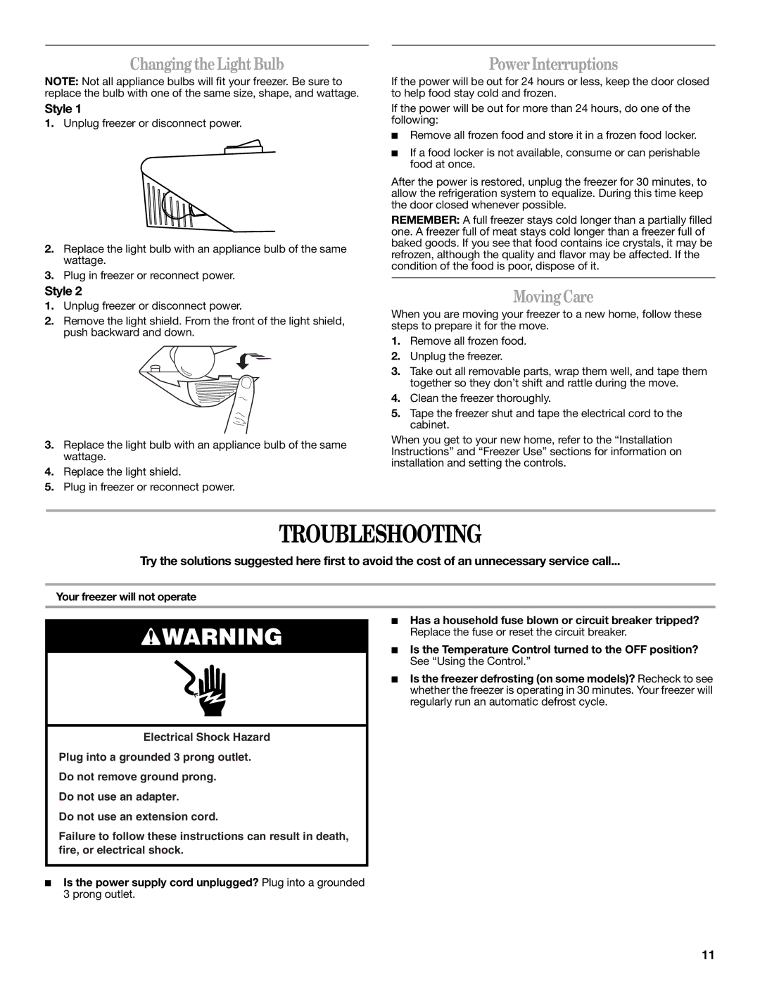 Amana W10326797A manual Troubleshooting, Changing the Light Bulb, Power Interruptions, Moving Care, Style 